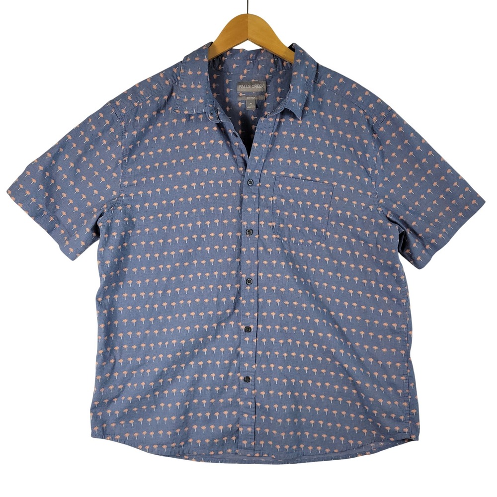 Falls Creek Button Up Shirt Mens XL Blue Palm Tree Print Cotton Linen No Tuck